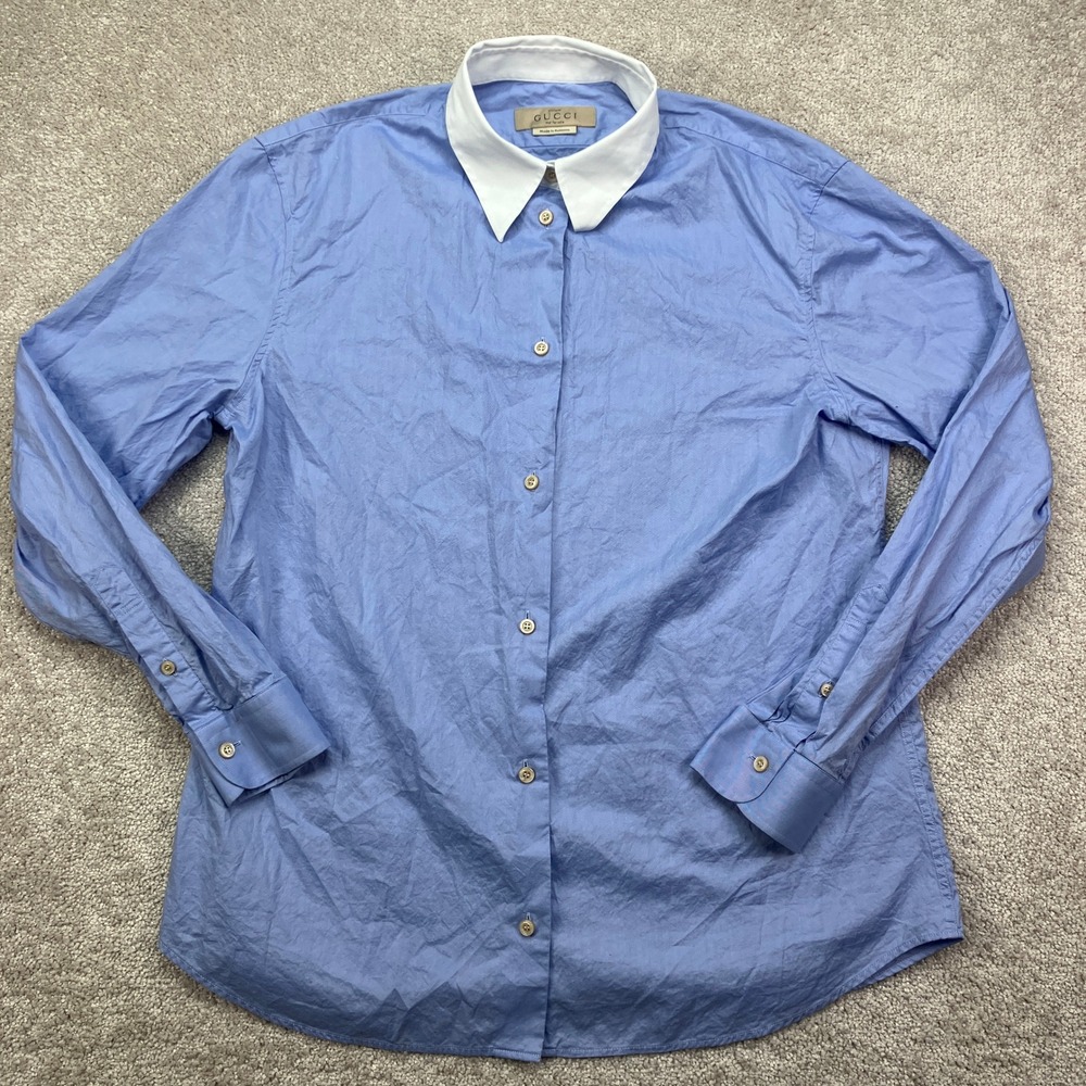 Gucci Dress Shirt Womens 50 Blue White Collar Uniform Button Up Designer - Picture 2 of 8